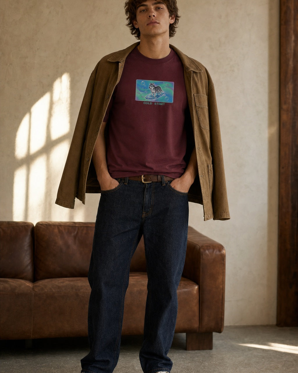 O's Tees Cold Start Husky Frutiger Aero Dogs graphic tee lifestyle image — Maroon shirt, male shot 01, raw denim camel