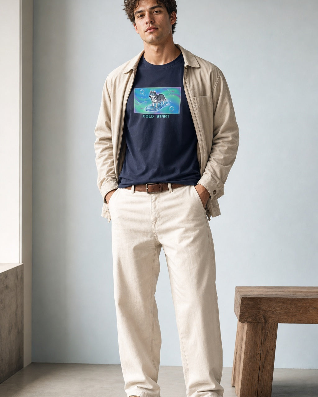 O's Tees Cold Start Husky Frutiger Aero Dogs graphic tee lifestyle image — Navy shirt, male shot 01, ecru trouser field