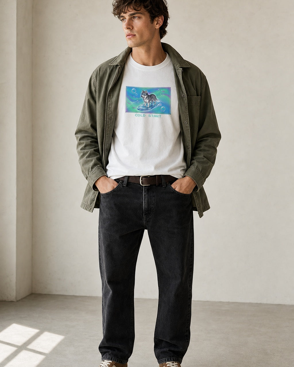 O's Tees Cold Start Husky Frutiger Aero Dogs graphic tee lifestyle image — White shirt, male shot 01, black denim field jacket
