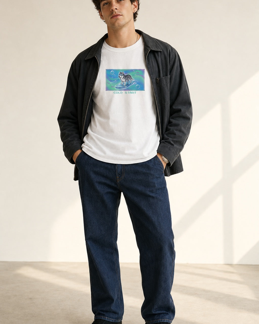 O's Tees Cold Start Husky Frutiger Aero Dogs graphic tee lifestyle image — White shirt, male shot 02, indigo workwear