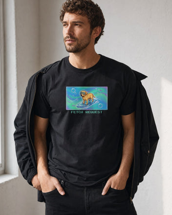 O's Tees Fetch Request Labrador Retriever Frutiger Aero Dogs graphic tee lifestyle mockup — Black shirt