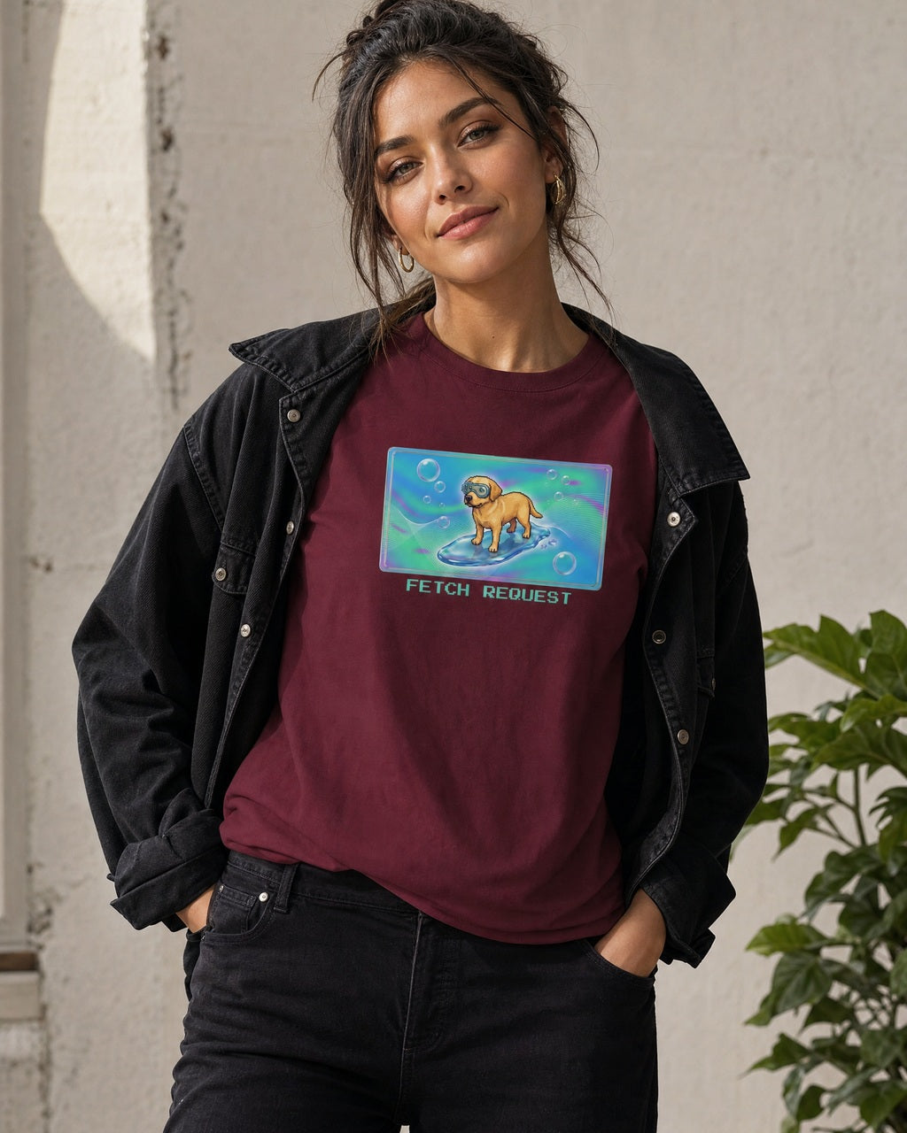 O's Tees Fetch Request Labrador Retriever Frutiger Aero Dogs graphic tee lifestyle mockup — Maroon shirt