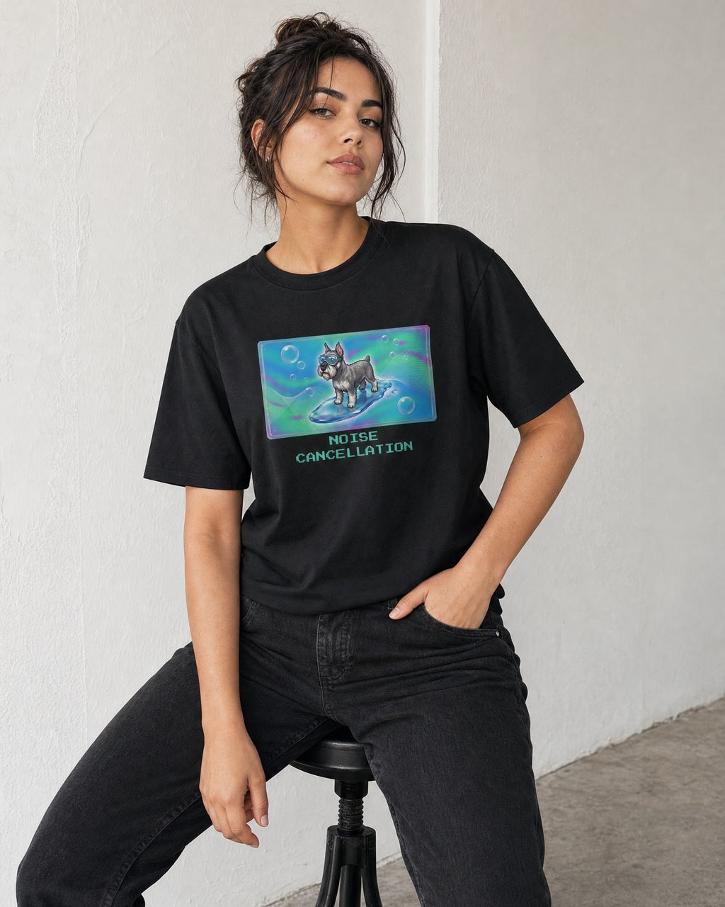 O's Tees Noise Cancellation Miniature Schnauzer Frutiger Aero Dogs graphic tee lifestyle mockup — Black shirt