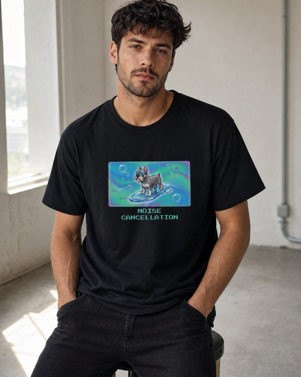 O's Tees Noise Cancellation Miniature Schnauzer Frutiger Aero Dogs graphic tee lifestyle mockup — Black shirt