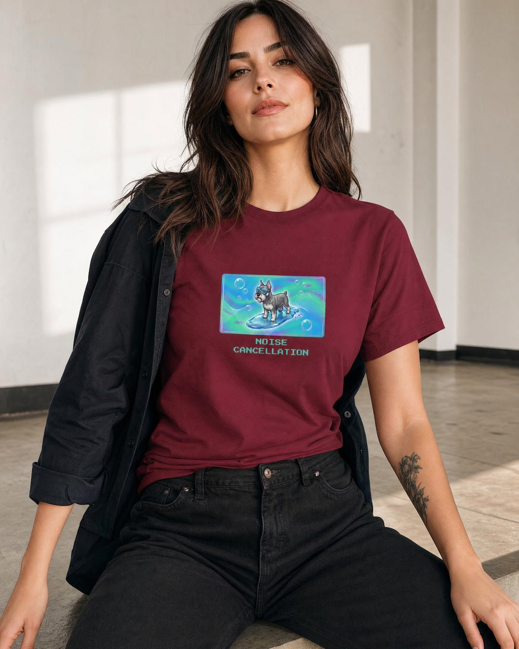 O's Tees Noise Cancellation Miniature Schnauzer Frutiger Aero Dogs graphic tee lifestyle mockup — Maroon shirt