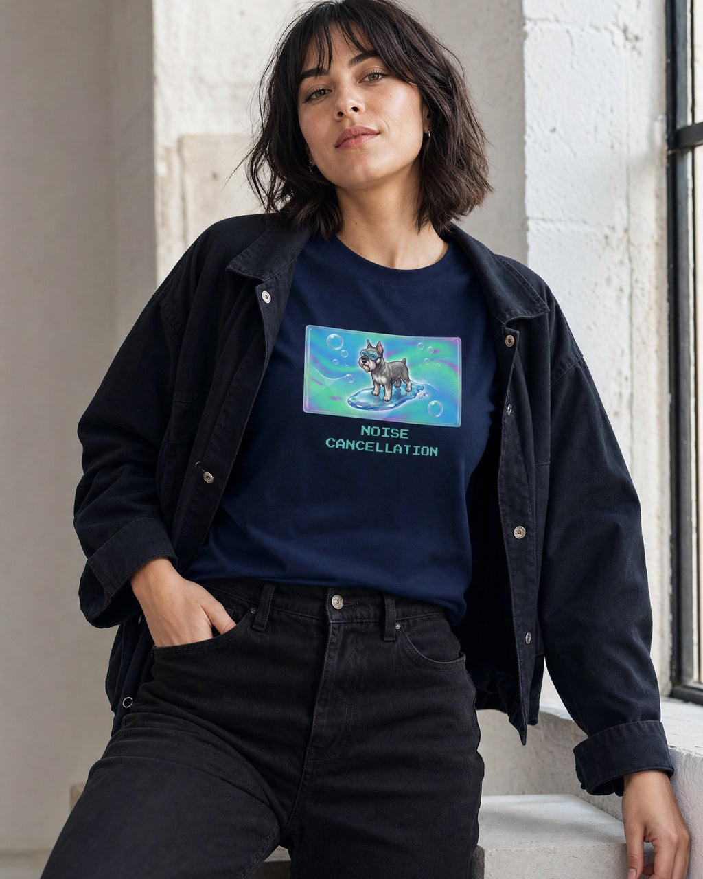O's Tees Noise Cancellation Miniature Schnauzer Frutiger Aero Dogs graphic tee lifestyle mockup — Navy shirt