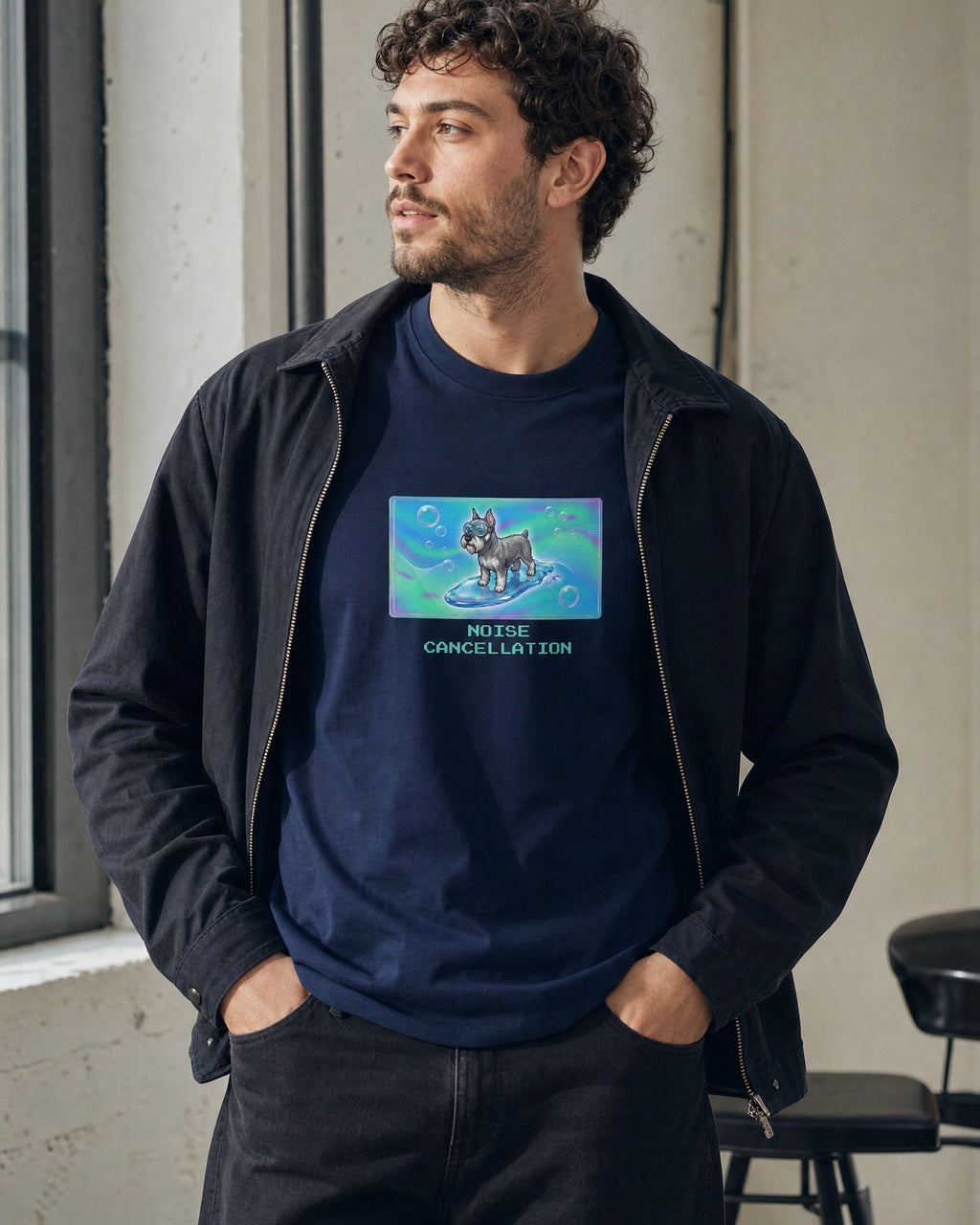 O's Tees Noise Cancellation Miniature Schnauzer Frutiger Aero Dogs graphic tee lifestyle mockup — Navy shirt