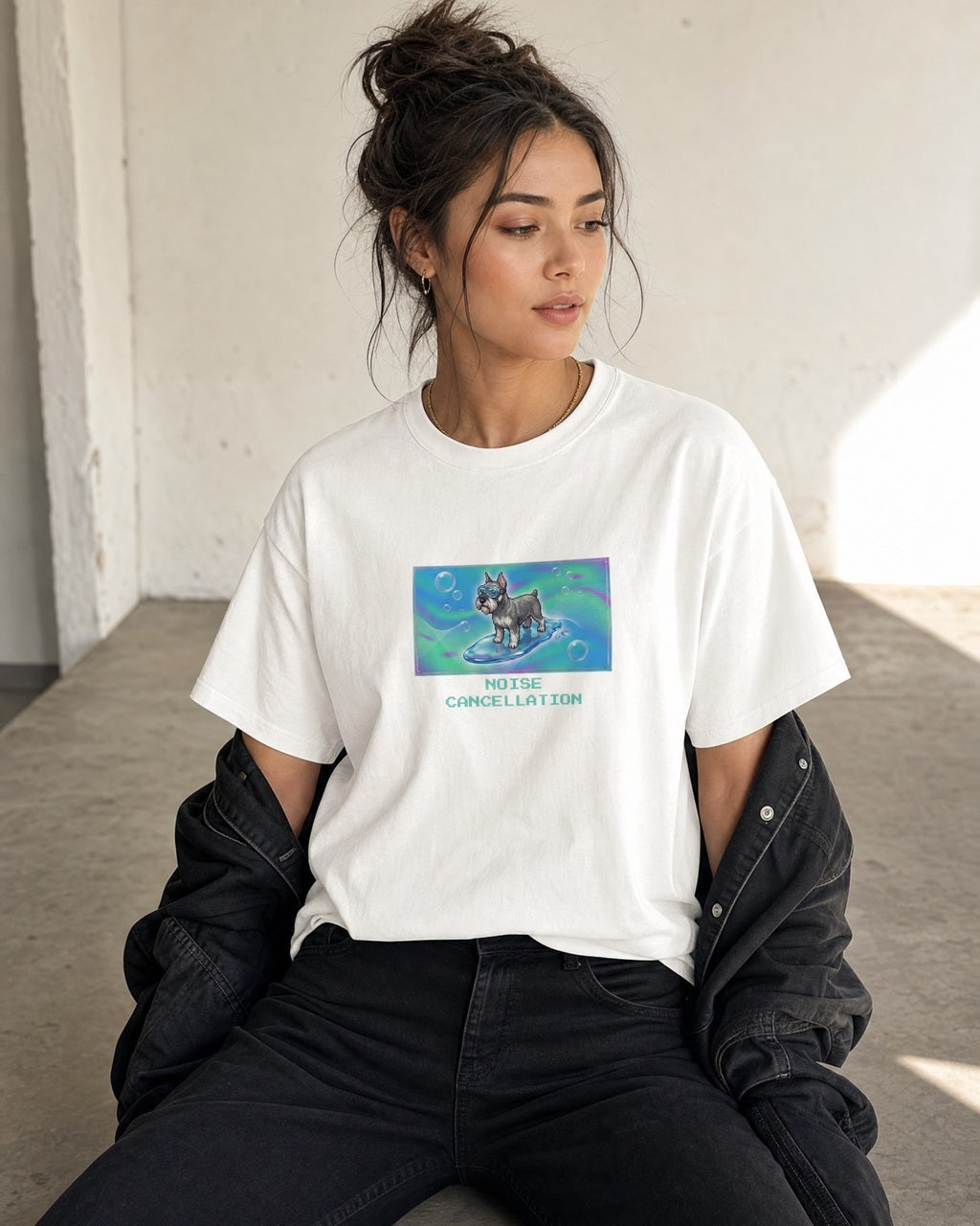 O's Tees Noise Cancellation Miniature Schnauzer Frutiger Aero Dogs graphic tee lifestyle mockup — White shirt