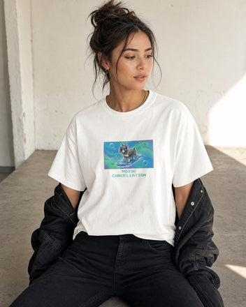 O's Tees Noise Cancellation Miniature Schnauzer Frutiger Aero Dogs graphic tee lifestyle mockup — White shirt