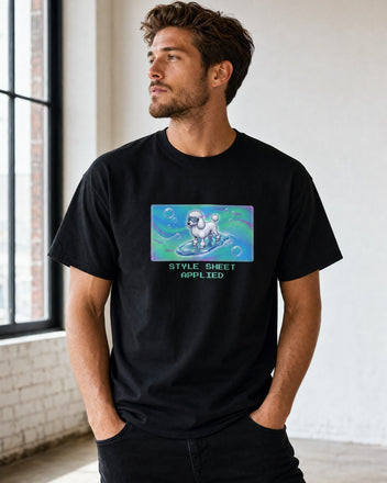 O's Tees Style Sheet Applied Poodle Frutiger Aero Dogs graphic tee lifestyle mockup — Black shirt
