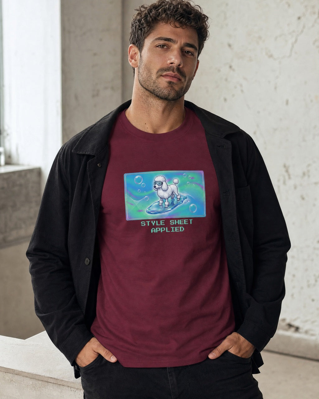 O's Tees Style Sheet Applied Poodle Frutiger Aero Dogs graphic tee lifestyle mockup — Maroon shirt