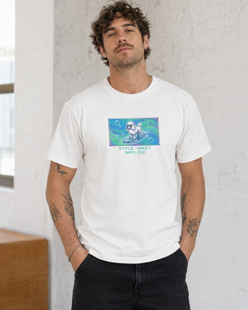 O's Tees Style Sheet Applied Poodle Frutiger Aero Dogs graphic tee lifestyle mockup — White shirt