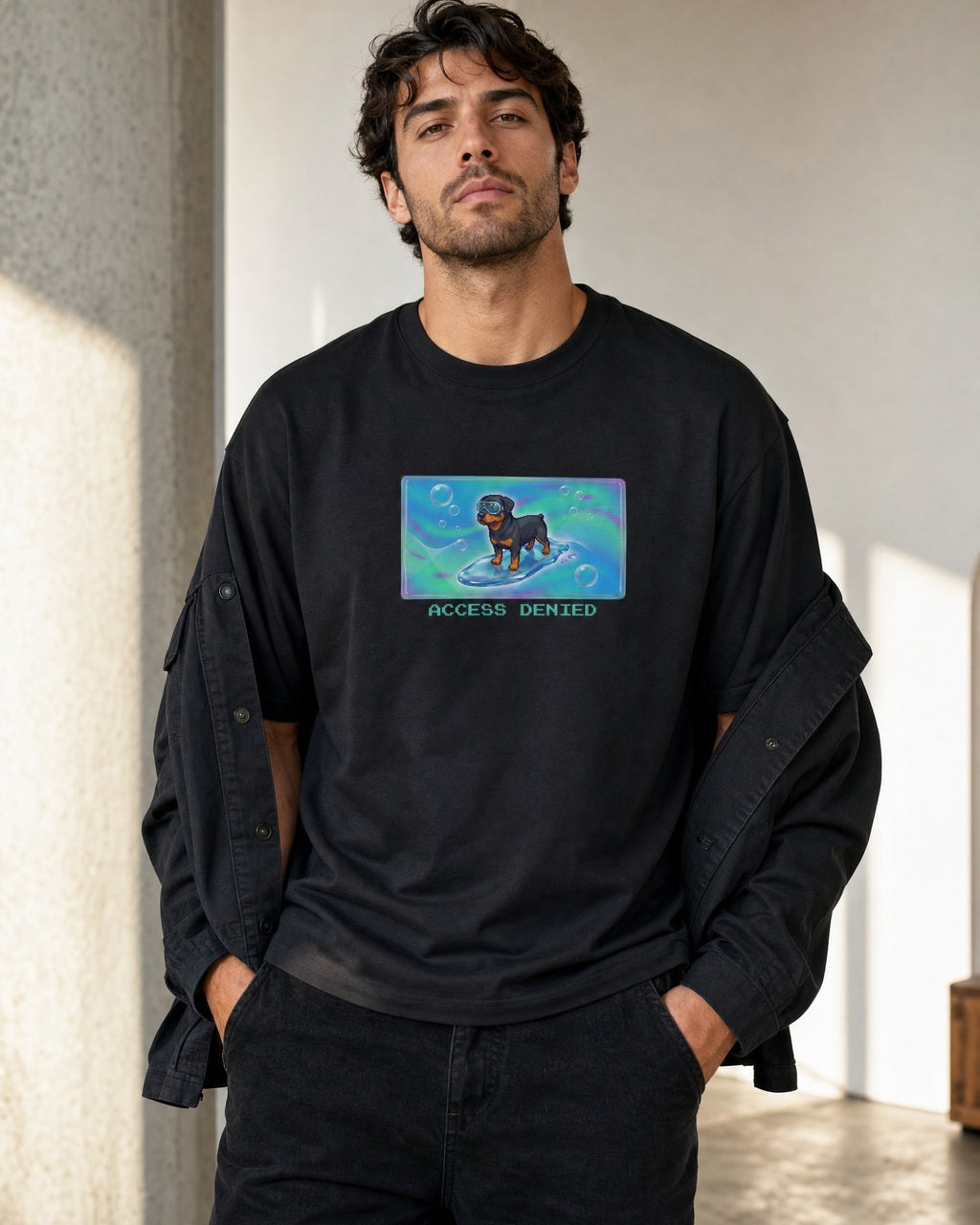 O's Tees Access Denied Rottweiler Frutiger Aero Dogs graphic tee lifestyle mockup — Black shirt
