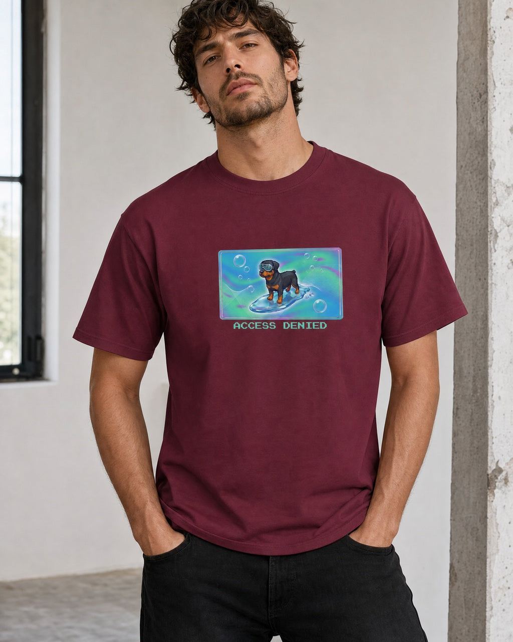 O's Tees Access Denied Rottweiler Frutiger Aero Dogs graphic tee lifestyle mockup — Maroon shirt