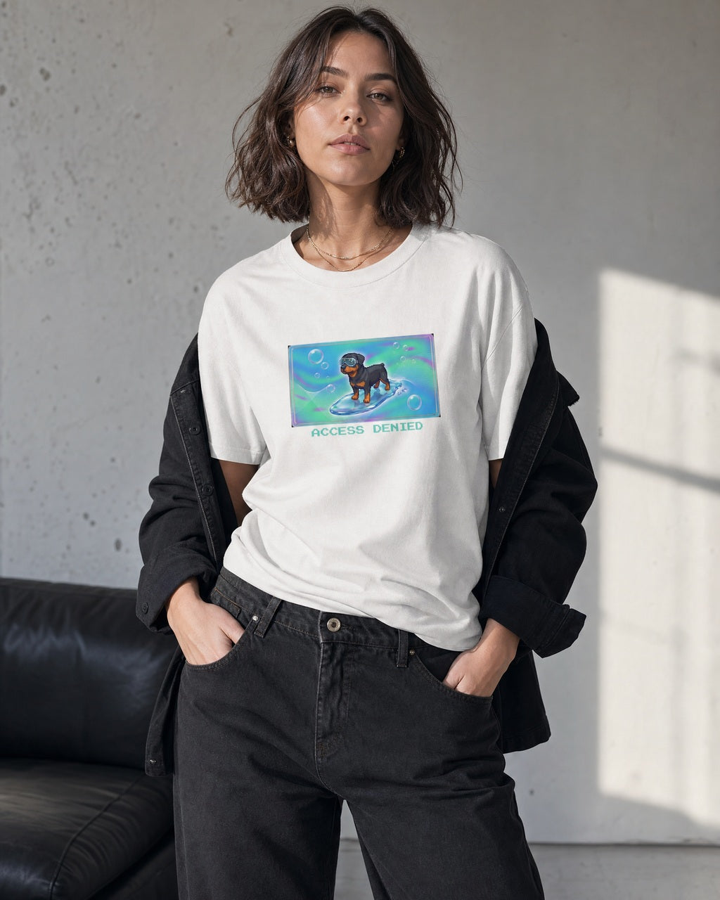 O's Tees Access Denied Rottweiler Frutiger Aero Dogs graphic tee lifestyle mockup — White shirt