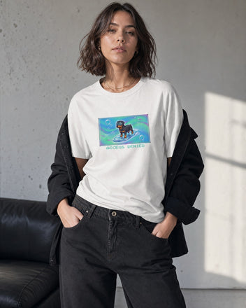 O's Tees Access Denied Rottweiler Frutiger Aero Dogs graphic tee lifestyle mockup — White shirt