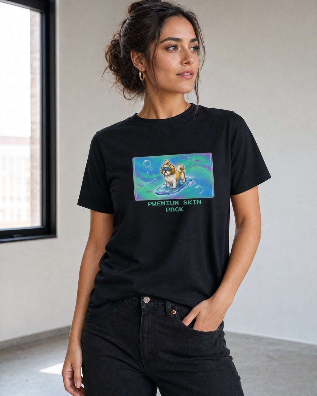 O's Tees Premium Skin Pack Shih Tzu Frutiger Aero Dogs graphic tee lifestyle mockup — Black shirt