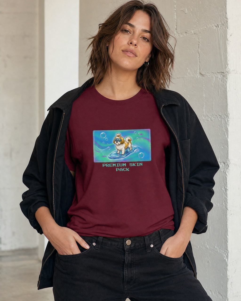 O's Tees Premium Skin Pack Shih Tzu Frutiger Aero Dogs graphic tee lifestyle mockup — Maroon shirt