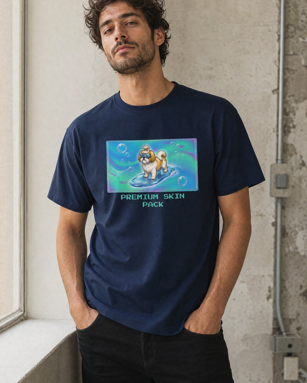 O's Tees Premium Skin Pack Shih Tzu Frutiger Aero Dogs graphic tee lifestyle mockup — Navy shirt