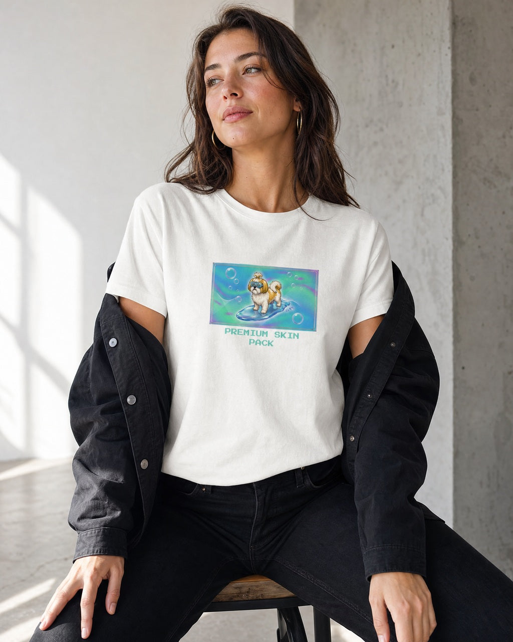 O's Tees Premium Skin Pack Shih Tzu Frutiger Aero Dogs graphic tee lifestyle mockup — White shirt