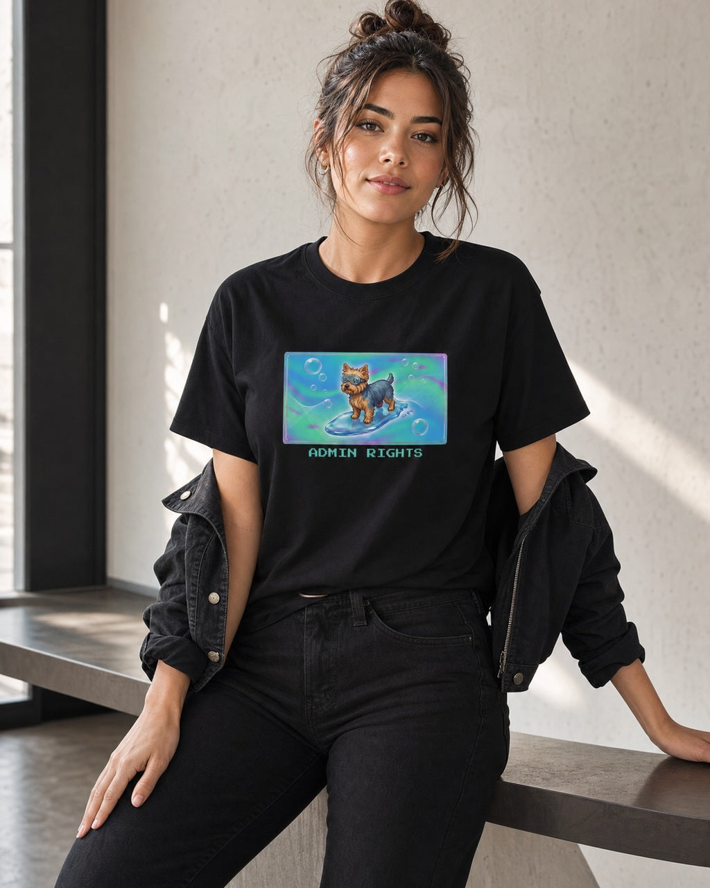 O's Tees Admin Rights Yorkshire Terrier Frutiger Aero Dogs graphic tee lifestyle mockup — Black shirt