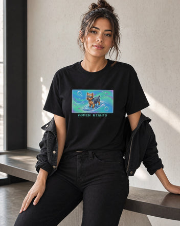 O's Tees Admin Rights Yorkshire Terrier Frutiger Aero Dogs graphic tee lifestyle mockup — Black shirt