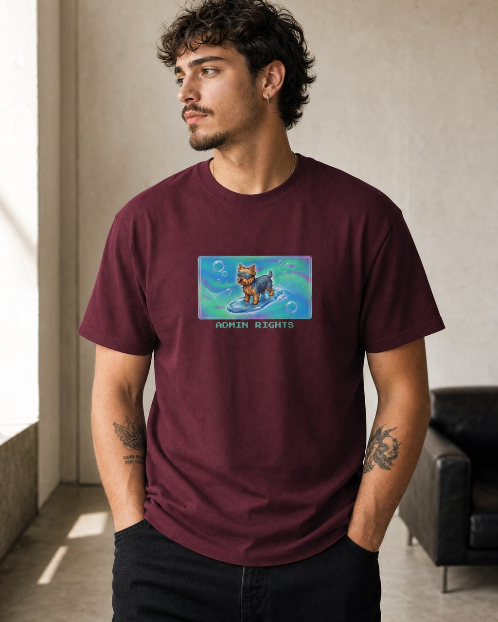 O's Tees Admin Rights Yorkshire Terrier Frutiger Aero Dogs graphic tee lifestyle mockup — Maroon shirt