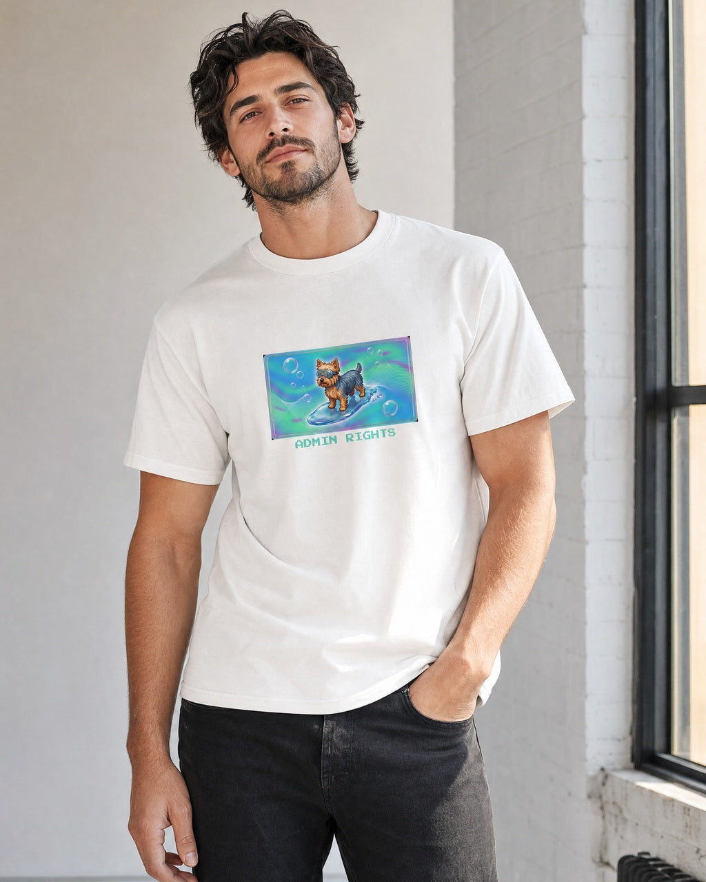 O's Tees Admin Rights Yorkshire Terrier Frutiger Aero Dogs graphic tee lifestyle mockup — White shirt