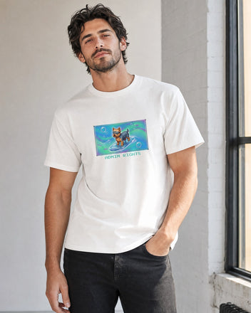 O's Tees Admin Rights Yorkshire Terrier Frutiger Aero Dogs graphic tee lifestyle mockup — White shirt