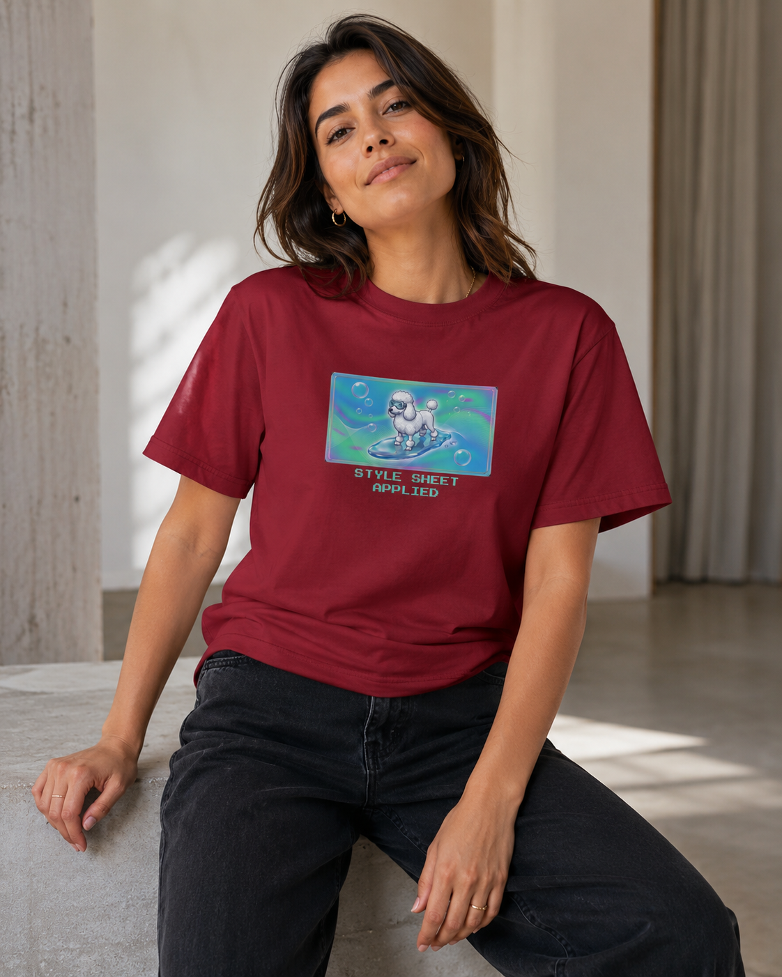 O's Tees Style Sheet Applied Poodle Frutiger Aero Dogs graphic tee lifestyle image — Cardinal Red shirt, female shot 03, no-phone editorial