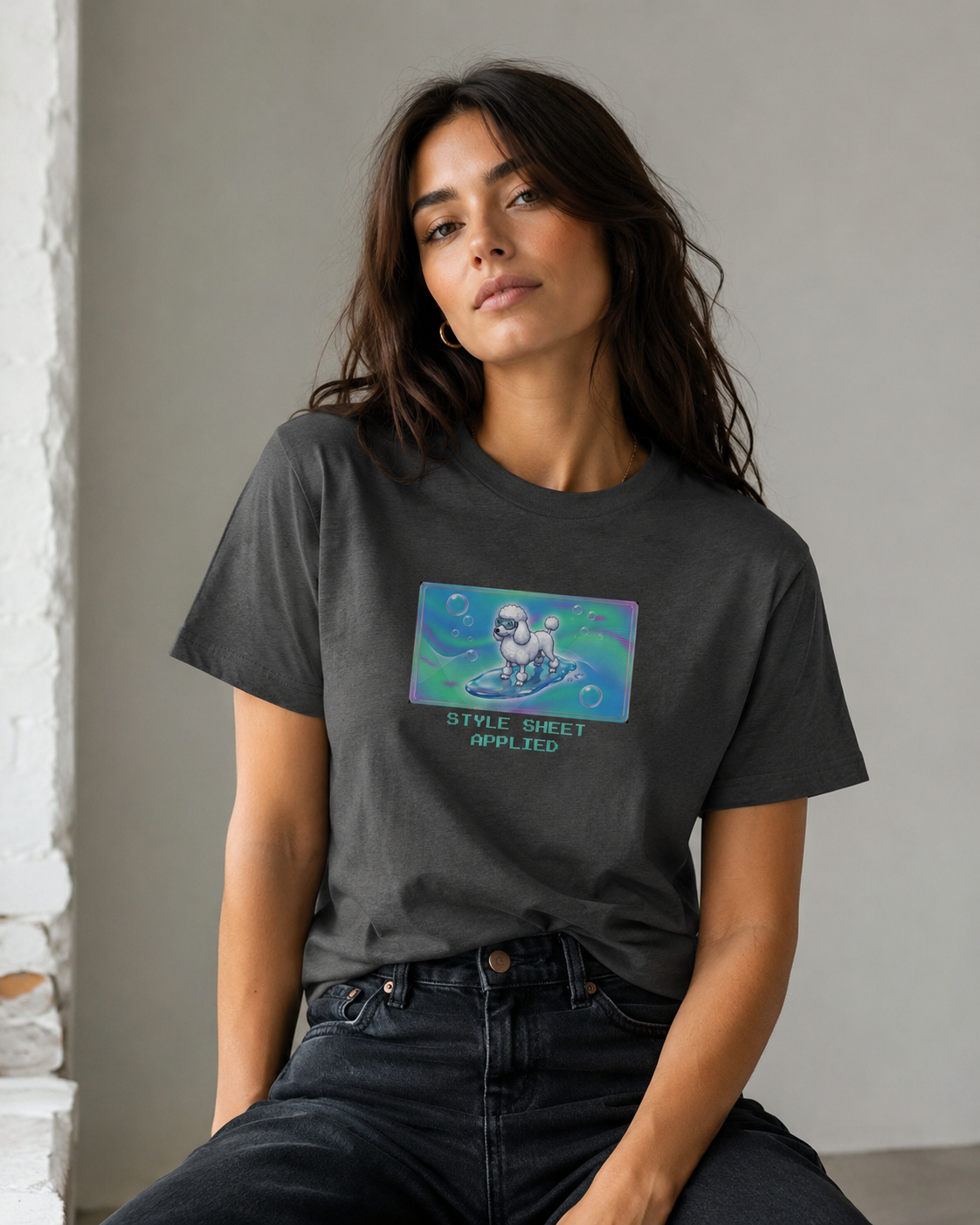 O's Tees Style Sheet Applied Poodle Frutiger Aero Dogs graphic tee lifestyle image — Dark Heather shirt, female shot 03, no-phone editorial