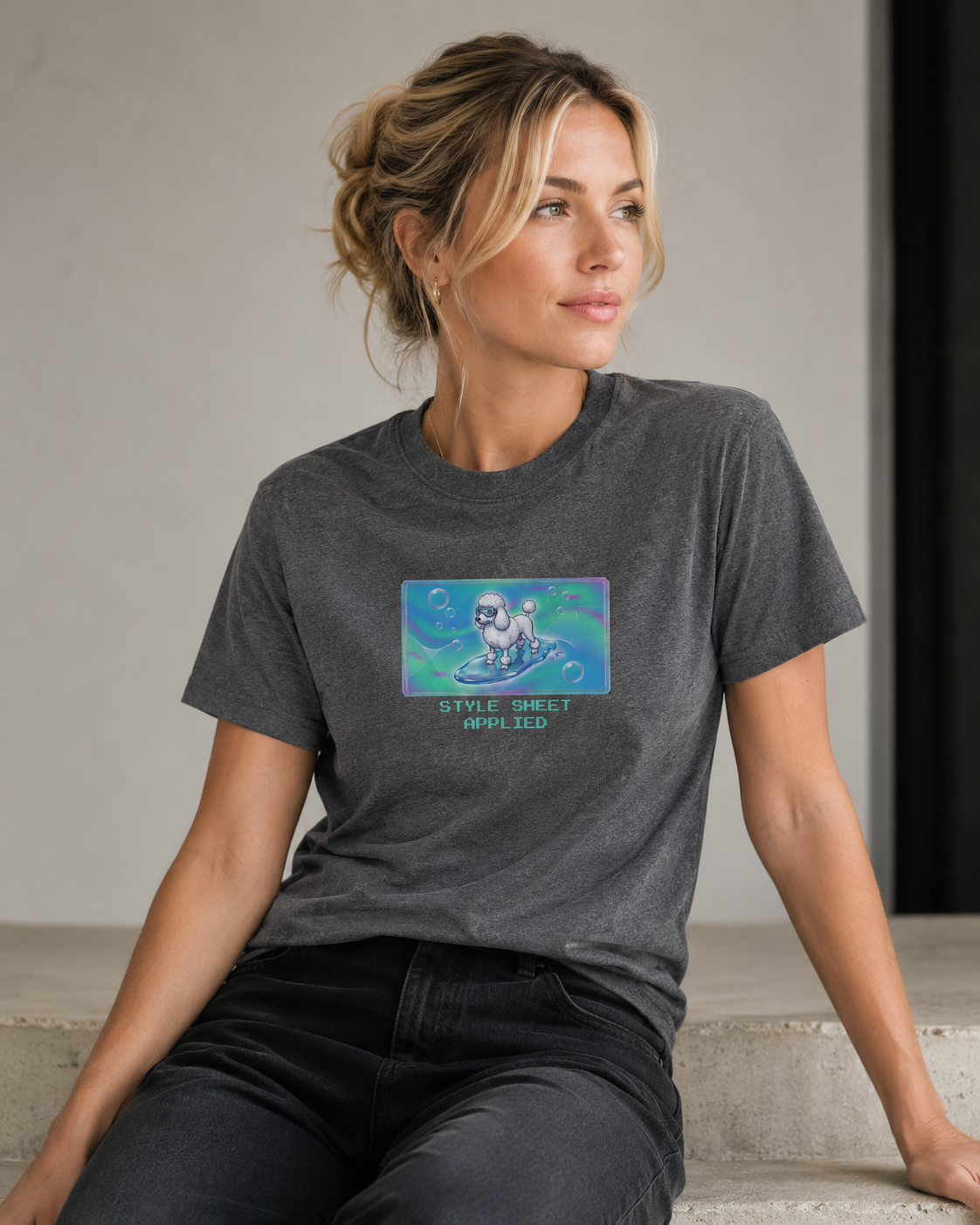 O's Tees Style Sheet Applied Poodle Frutiger Aero Dogs graphic tee lifestyle image — Graphite Heather shirt, female shot 03, no-phone editorial