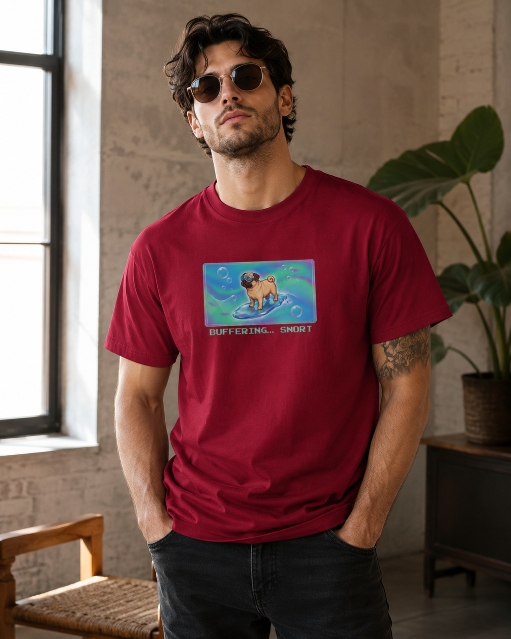 O's Tees Buffering… Snort Pug Frutiger Aero Dogs graphic tee lifestyle image — Cardinal Red shirt, male shot 03, no-phone editorial