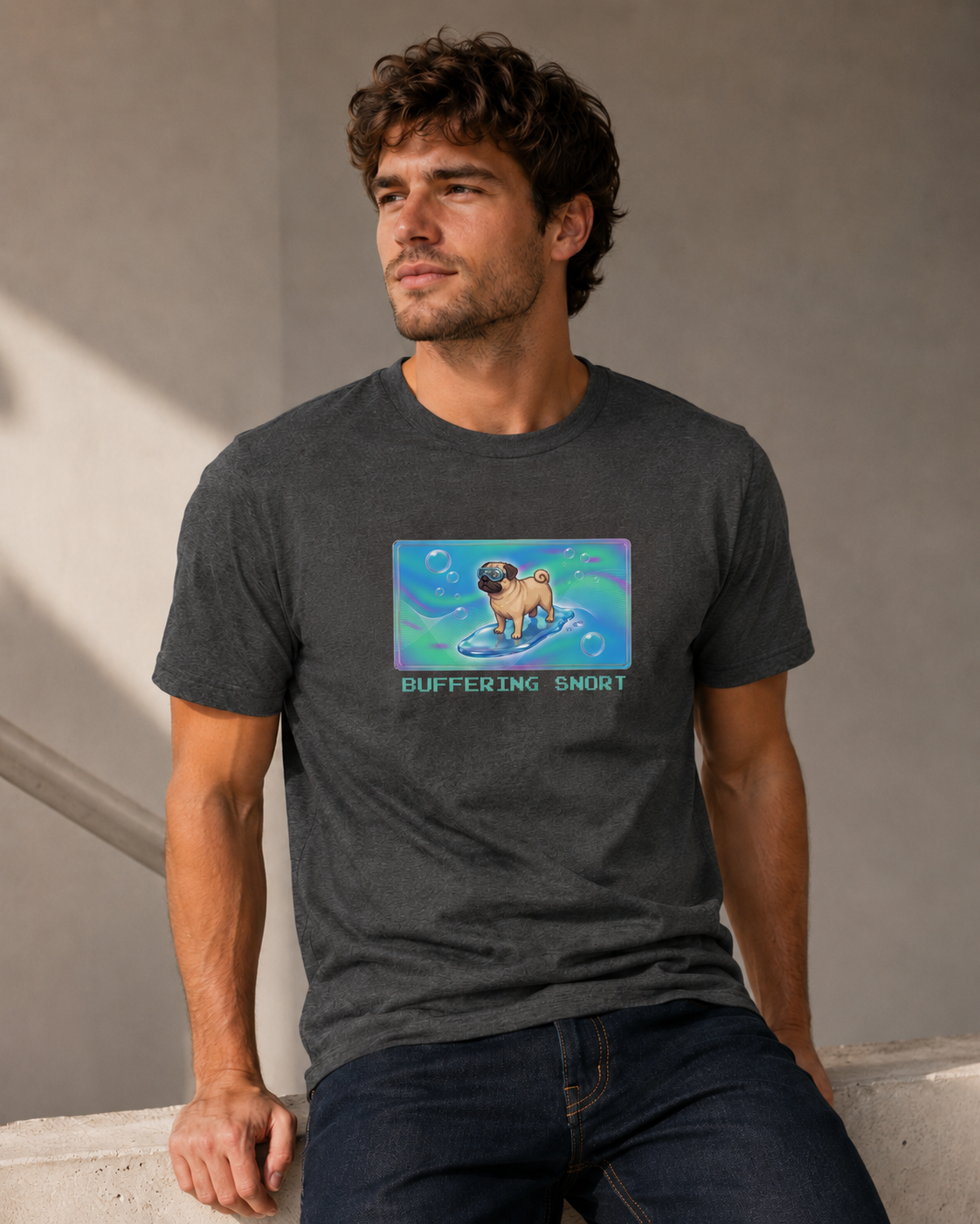 O's Tees Buffering… Snort Pug Frutiger Aero Dogs graphic tee lifestyle image — Dark Heather shirt, male shot 03, no-phone editorial
