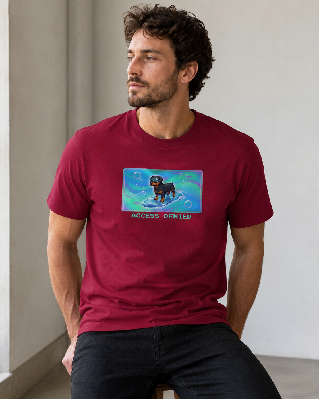 O's Tees Access Denied Rottweiler Frutiger Aero Dogs graphic tee lifestyle image — Cardinal Red shirt, male shot 03, no-phone editorial
