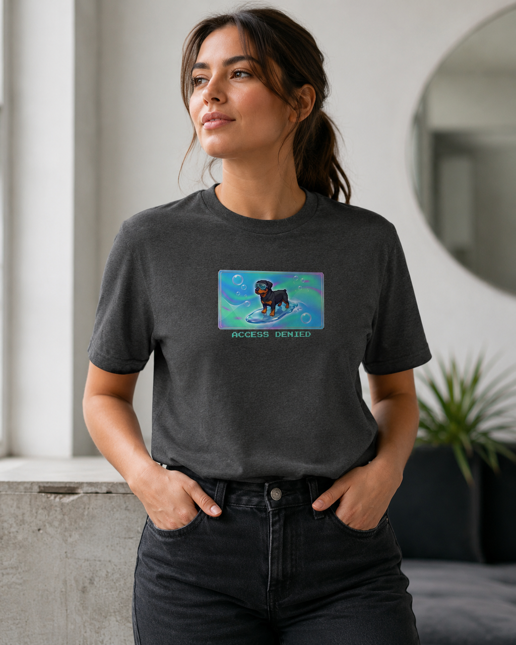 O's Tees Access Denied Rottweiler Frutiger Aero Dogs graphic tee lifestyle image — Dark Heather shirt, female shot 03, no-phone editorial
