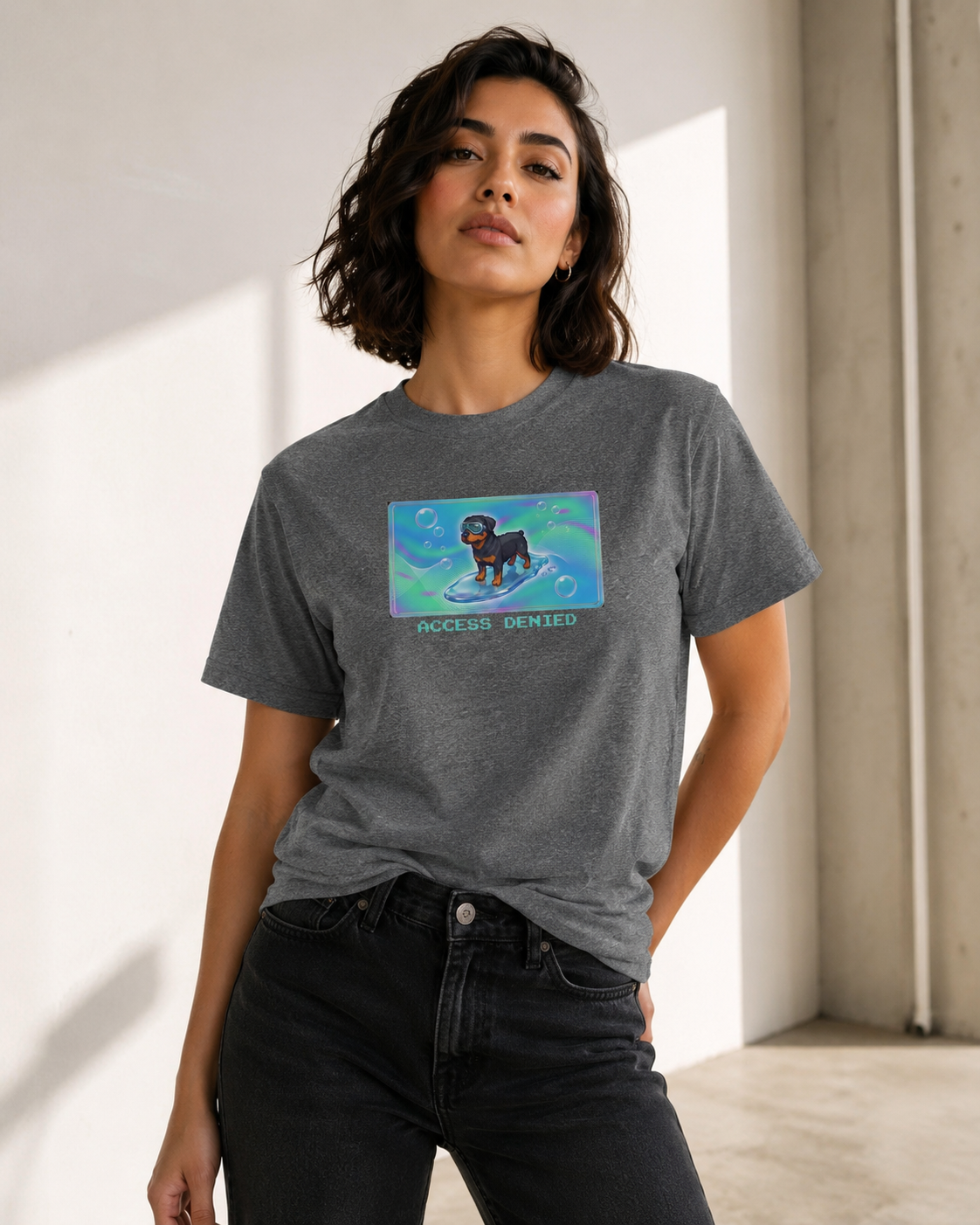 O's Tees Access Denied Rottweiler Frutiger Aero Dogs graphic tee lifestyle image — Graphite Heather shirt, female shot 03, no-phone editorial