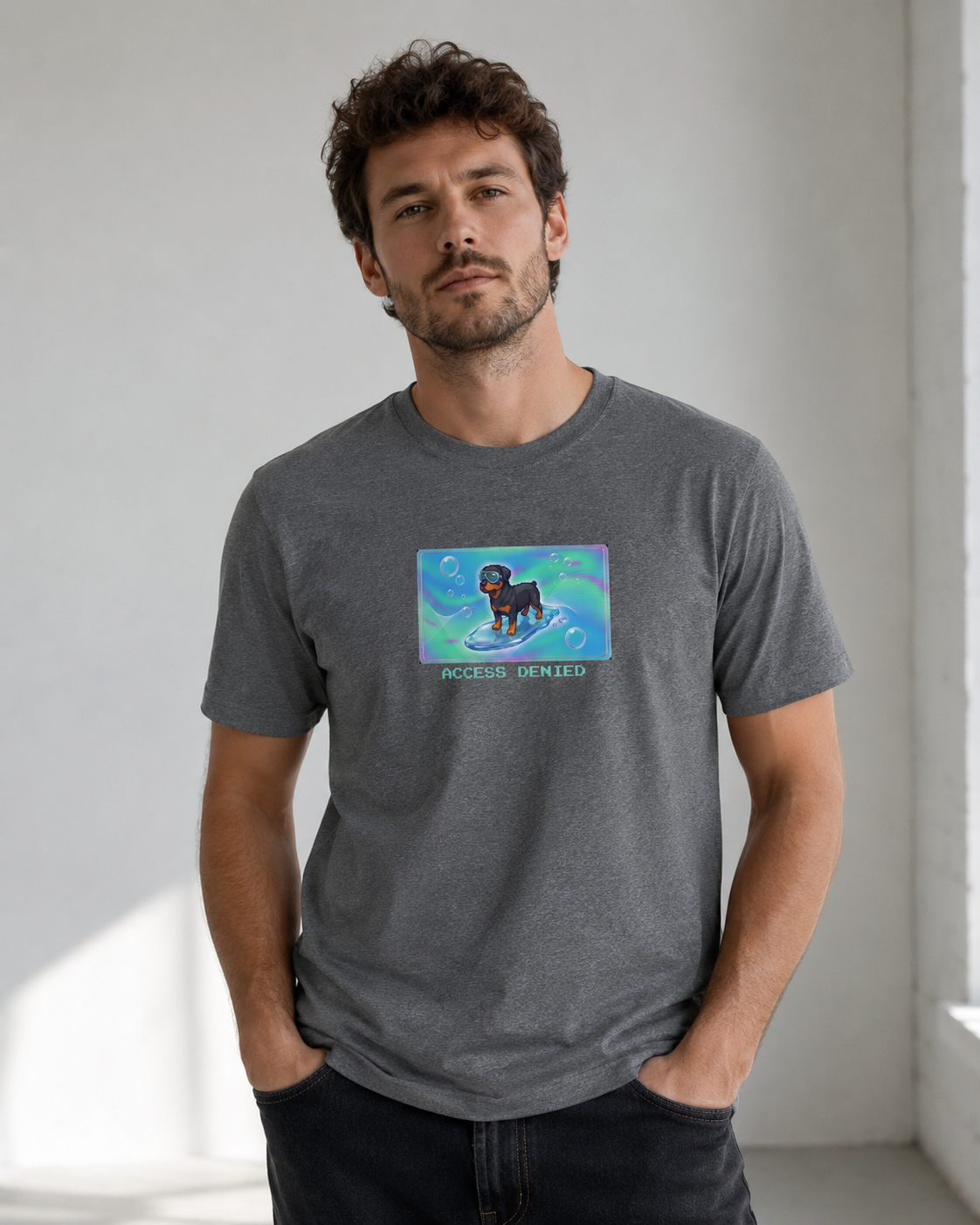 O's Tees Access Denied Rottweiler Frutiger Aero Dogs graphic tee lifestyle image — Graphite Heather shirt, male shot 03, no-phone editorial