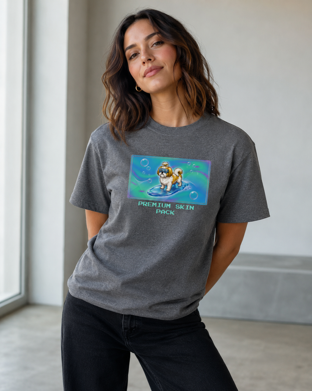 O's Tees Premium Skin Pack Shih Tzu Frutiger Aero Dogs graphic tee lifestyle image — Graphite Heather shirt, female shot 03, no-phone editorial