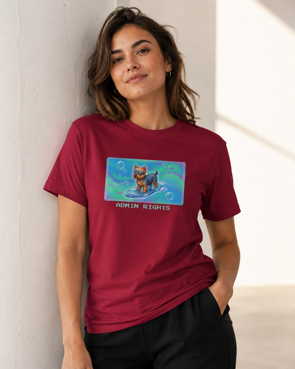 O's Tees Admin Rights Yorkshire Terrier Frutiger Aero Dogs graphic tee lifestyle image — Cardinal Red shirt, female shot 03, no-phone editorial