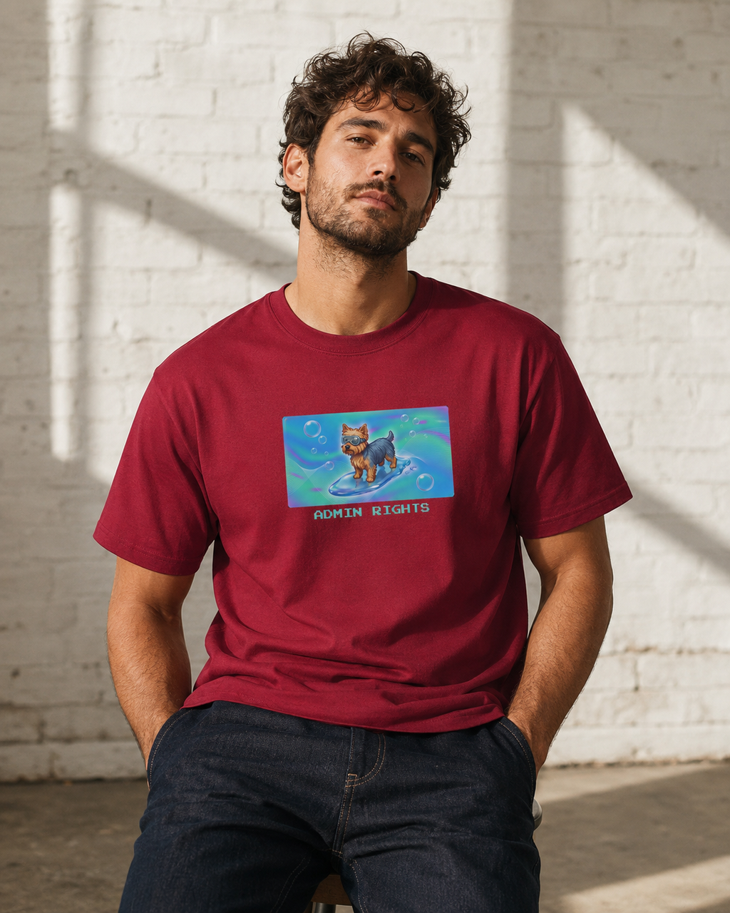 O's Tees Admin Rights Yorkshire Terrier Frutiger Aero Dogs graphic tee lifestyle image — Cardinal Red shirt, male shot 03, no-phone editorial