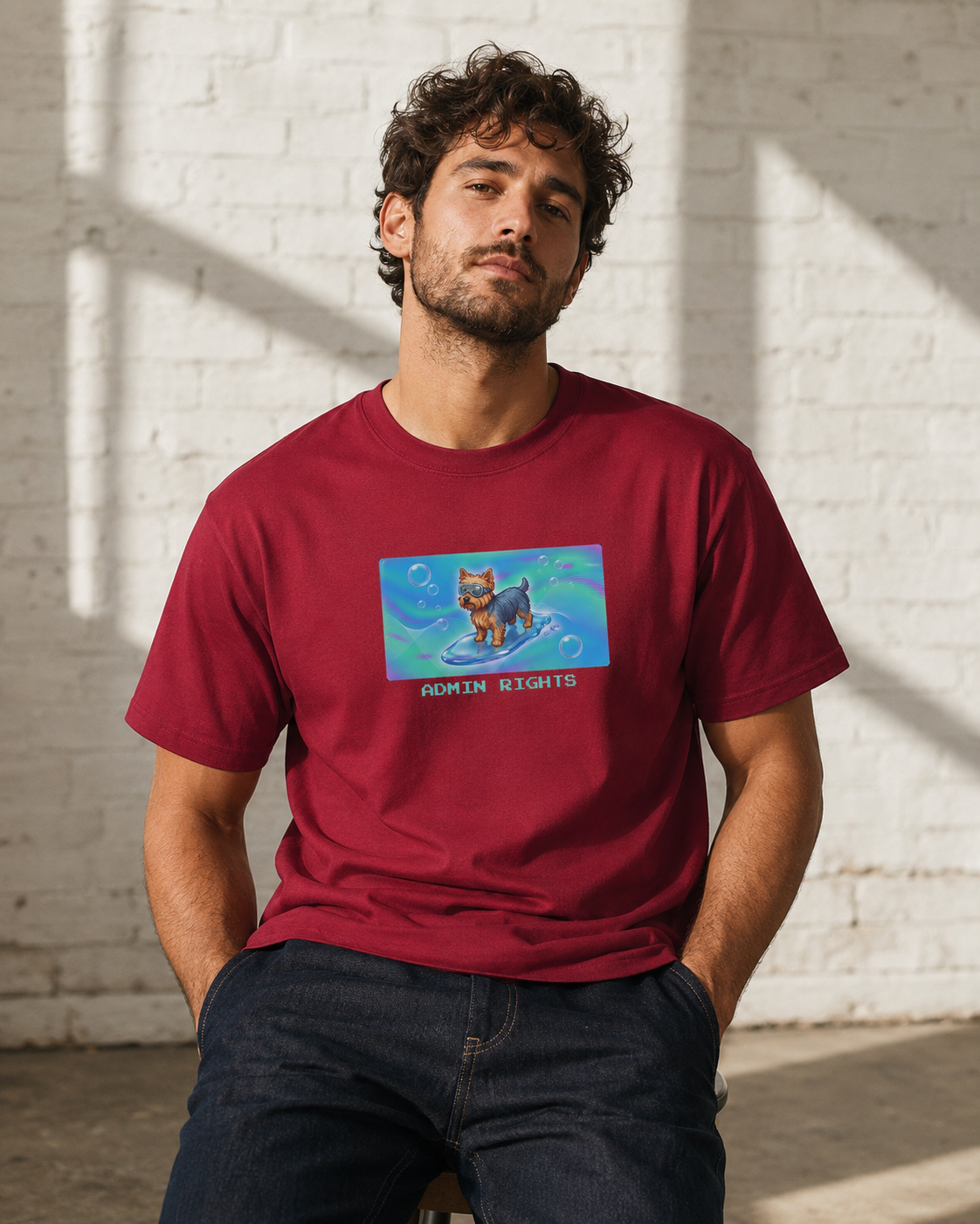 O's Tees Admin Rights Yorkshire Terrier Frutiger Aero Dogs graphic tee lifestyle image — Cardinal Red shirt, male shot 03, no-phone editorial